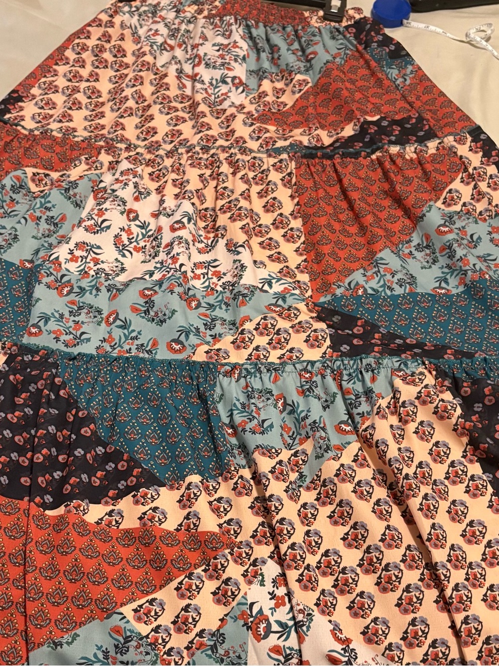 Boho Patchwork Maxi Skirt - Teal, Rust & Cream. Size medium. - Picture 6 of 7